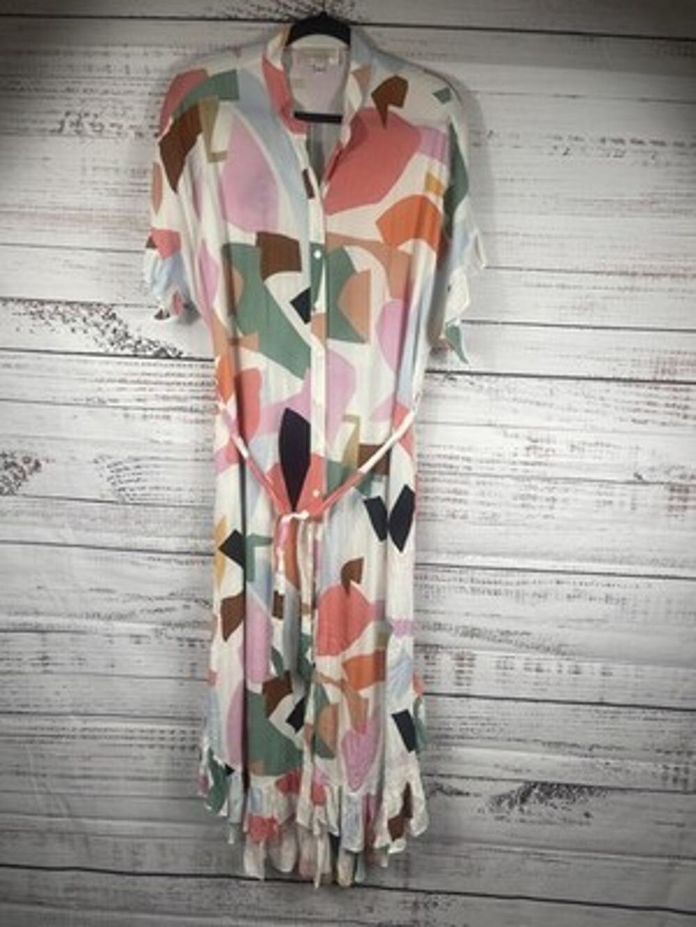 Corey Lynn Calter Shirt Dress Womens Large Multicolor Geometric Maxi Ruffle
